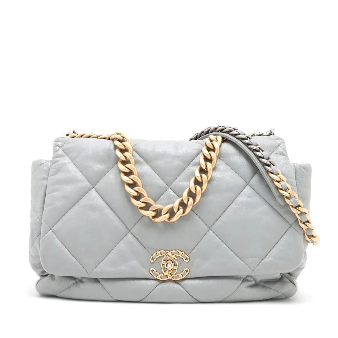 CHANEL CHANEL 19 MAXI LAMBSKIN CHAIN SHOULDER BAG: Chanel CHANEL 19 Maxi Lambskin Chain Shoulder Bag Brand: Chanel Type/Style: Shoulder bag Material: Lambskin Color: Gray Size: Height:9.6inchLength:13.6inchDepth:3.9inch Accessories: None A