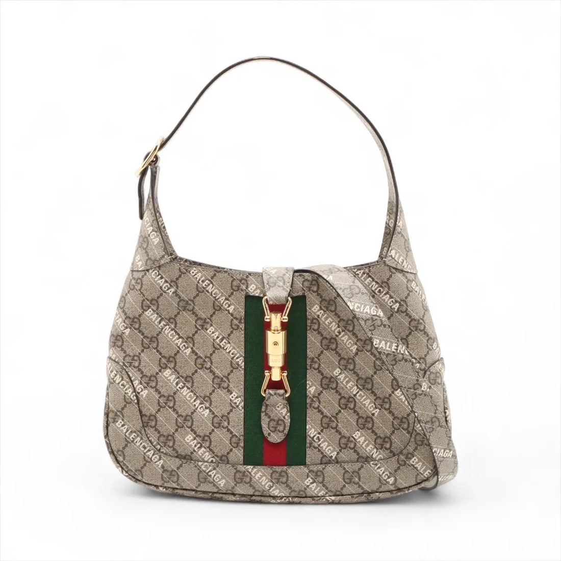 GUCCI X BALENCIAGA JACKIE THE HACKERS PROJECTS PVCX LEATHER SHOULDER BAG: Gucci x Balenciaga Jackie The hackers projects PVCx leather Shoulder bag Brand: Gucci x Balenciaga Type/Style: Shoulder bag Material: PVC & leather Color: Beige Size: Height:7.7inchLength:10.8inchDept