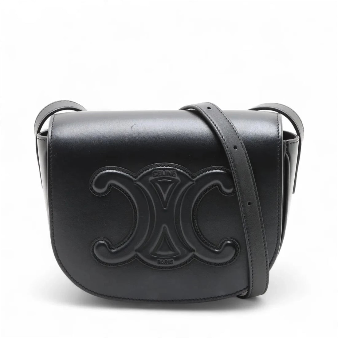 CELINE FOLCO CUIR TRIOMPHE LEATHER SHOULDER BAG BLACK: Celine Folco Cuir Triomphe Leather Shoulder bag Black Brand: Celine Type/Style: Shoulder bag Material: Leather Color: Black Size: Height:5.9inchLength:7.3inchDepth:2.8inch Accessories: None