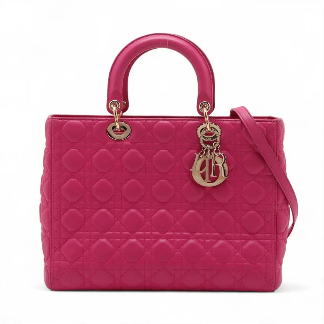 CHRISTIAN DIOR LADY DIOR CANNAGE LARGE LEATHER 2 WAY HANDBAG: Christian Dior Lady Dior Cannage Large Leather 2 Way Handbag Brand: Christian Dior Type/Style: Hand bag Material: Leather Color: Pink Size: Height:9.6inchLength:12.4inchDepth:4.5inch Accessories: