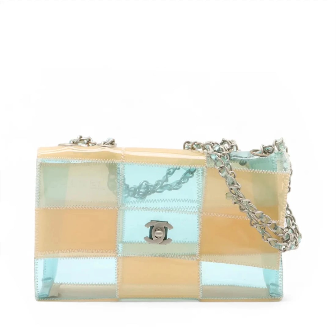 CHANEL CHOCOLATE BAR VINYL SINGLE FLAP DOUBLE CHAIN BAG BEIGE: Chanel Chocolate Bar Vinyl Single Flap Double Chain Bag Beige Brand: Chanel Type/Style: Shoulder Bag Material: Vinyl Color: Beige blue Size: Height:6.1inchLength:9.8inchDepth:2.4inch Accessories: