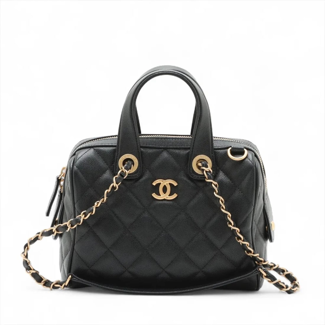CHANEL MATELASSE CAVIAR SKIN 2 WAY HANDBAG BLACK: Chanel Matelasse Caviar Skin 2 Way Handbag Black Brand: Chanel Type/Style: Hand bag Material: Caviar Skin Color: Black Size: Height:5.9inchLength:8.5inchDepth:4.9inch Accessories: None Acc