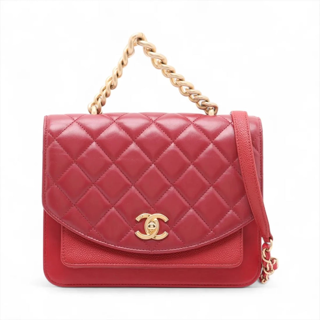CHANEL MATELASSE LAMBSKIN X GRAINED CALFSKIN SHOULDER BAG: Chanel Matelasse Lambskin x Grained Calfskin Shoulder Bag Brand: Chanel Type/Style: Shoulder bag Material: Lambskin x caviar skin Color: Red Size: Height:7.1inchLength:8.9inchDepth:1.6inch Accesso