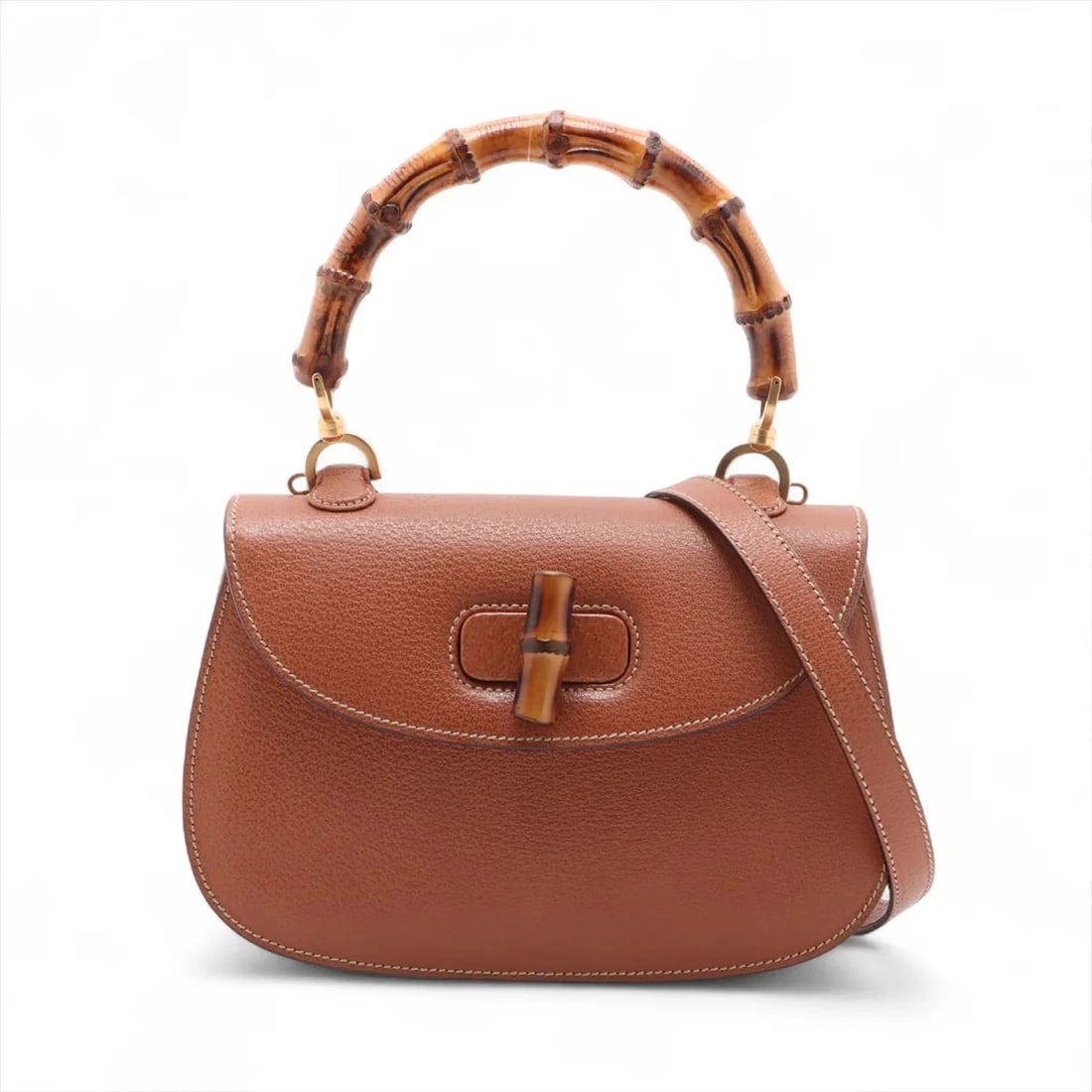 GUCCI BAMBOO LEATHER 2 WAY HANDBAG BROWN MIRROR: Gucci Bamboo Leather 2 Way Handbag Brown Mirror Brand: Gucci Type/Style: Hand bag Material: Leather Color: Brown Size: Height:6.9inchLength:10.6inchDepth:3.5inch Accessories: None Accessor