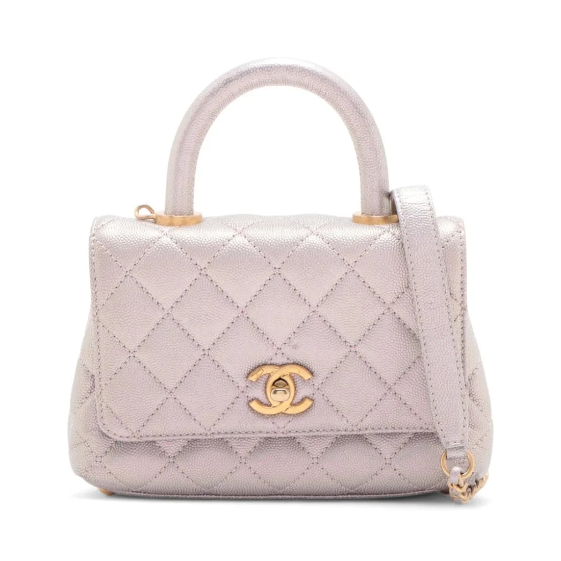 CHANEL COCO HANDLE CAVIAR SKIN 2 WAY HANDBAG: Chanel Coco handle Caviar Skin 2 Way Handbag Brand: Chanel Type/Style: Hand bag Material: Caviar Skin Color: pink aurora borealis Size: Height:4.7inchLength:7.3inchDepth:3.5inch Accessories: None