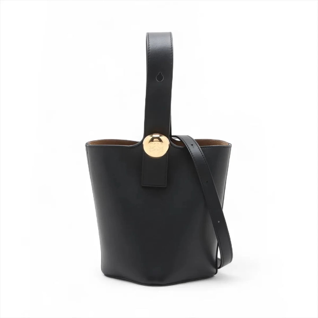 LOEWE PEBBLE BUCKET BAG MINI LEATHER 2 WAY HANDBAG BLACK: Loewe Pebble bucket bag Mini Leather 2 Way Handbag Black Brand: Loewe Type/Style: Hand bag Material: Leather Color: Black Size: Height:7.9inchLength:6.3inchDepth:6.1inch Accessories: None