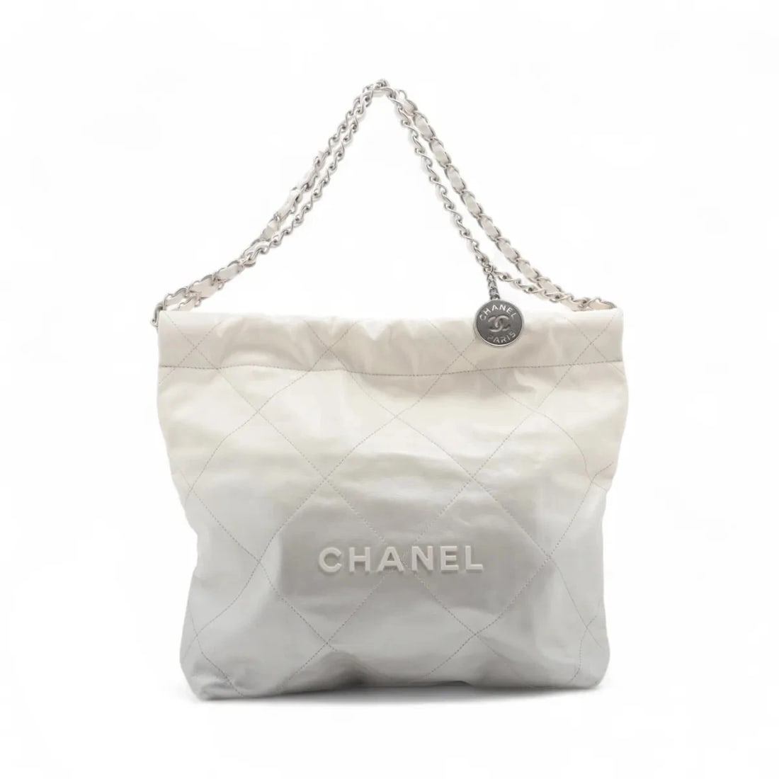 CHANEL CHANEL 22 SHINY CALFSKIN CHAIN SHOULDER BAG WHITE X GRAY: Chanel Chanel 22 shiny calfskin Chain Shoulder Bag White x gray Brand: Chanel Type/Style: Shoulder bag Material: shiny calfskin Color: White x gray Size: Height:11.8inchLength:12.0inchDepth:3.1inch
