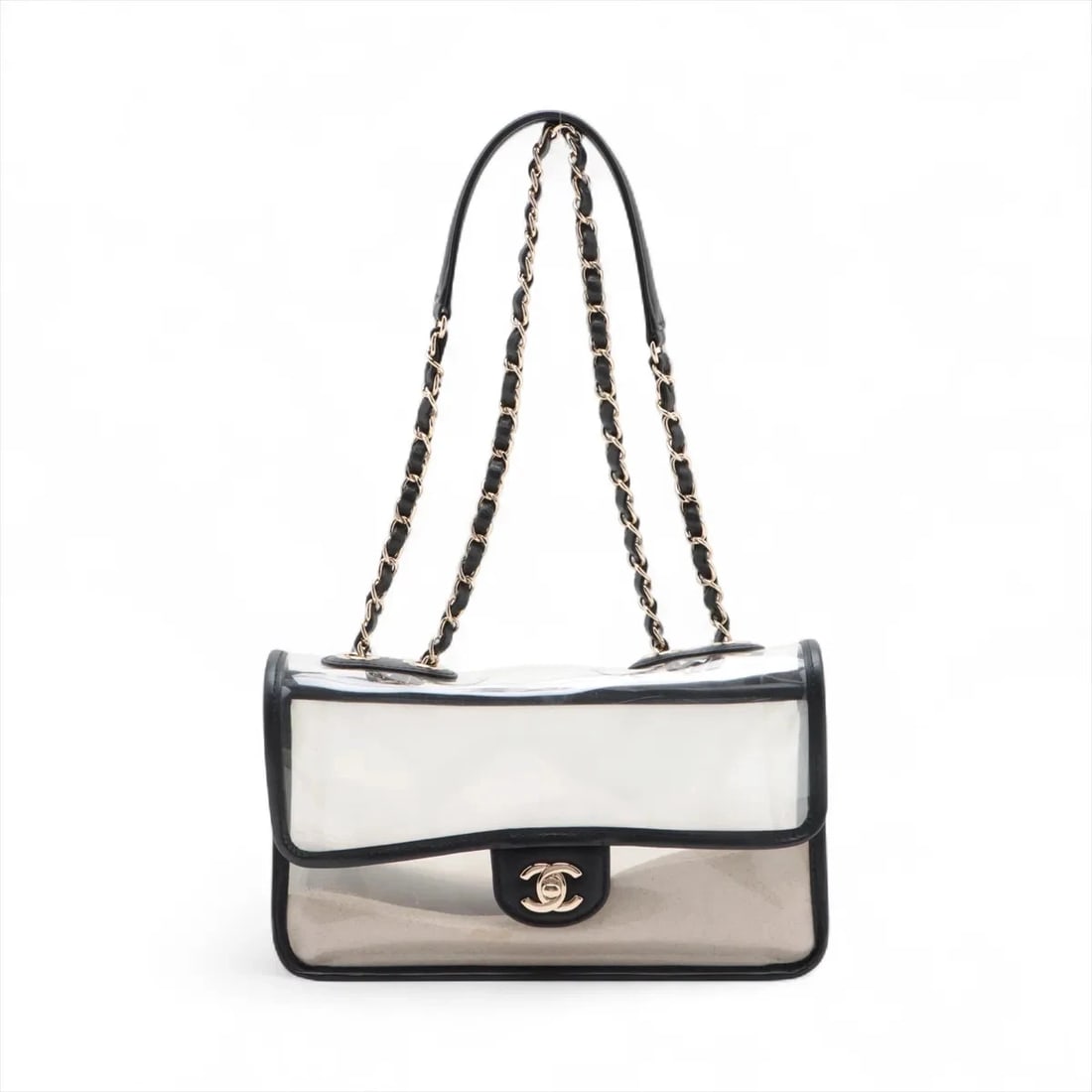 CHANEL SAND BYE THE SEA VINYL X LAMBSKIN CHAIN BAG CLEAR: Chanel sand Bye The Sea Vinyl x lambskin Chain Bag Clear Brand: Chanel Type/Style: Shoulder bag Material: Vinyl x lambskin Color: Clear x black Size: Height:5.9inchLength:10.2inchDepth:2.4inch Acc