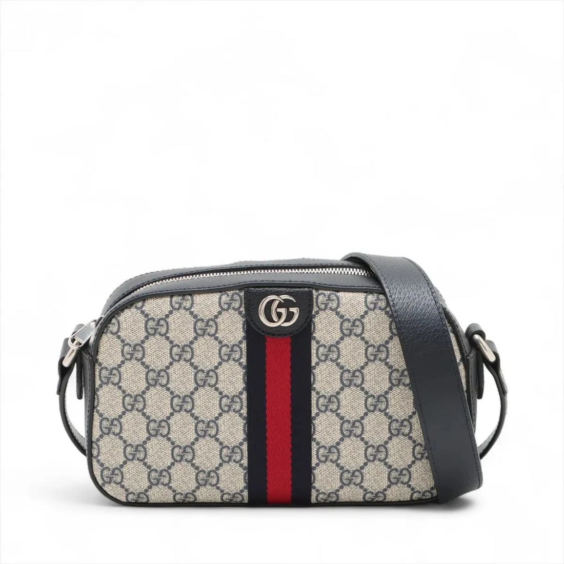 GUCCI GG SUPREME OPHIDIA PVC & LEATHER SHOULDER BAG: Gucci GG Supreme Ophidia PVC & leather Shoulder bag Brand: Gucci Type/Style: Shoulder Bag Material: PVC & leather Color: Navy Blue Size: Height:5.7inchLength:9.4inchDepth:2.8inch Accessories: None