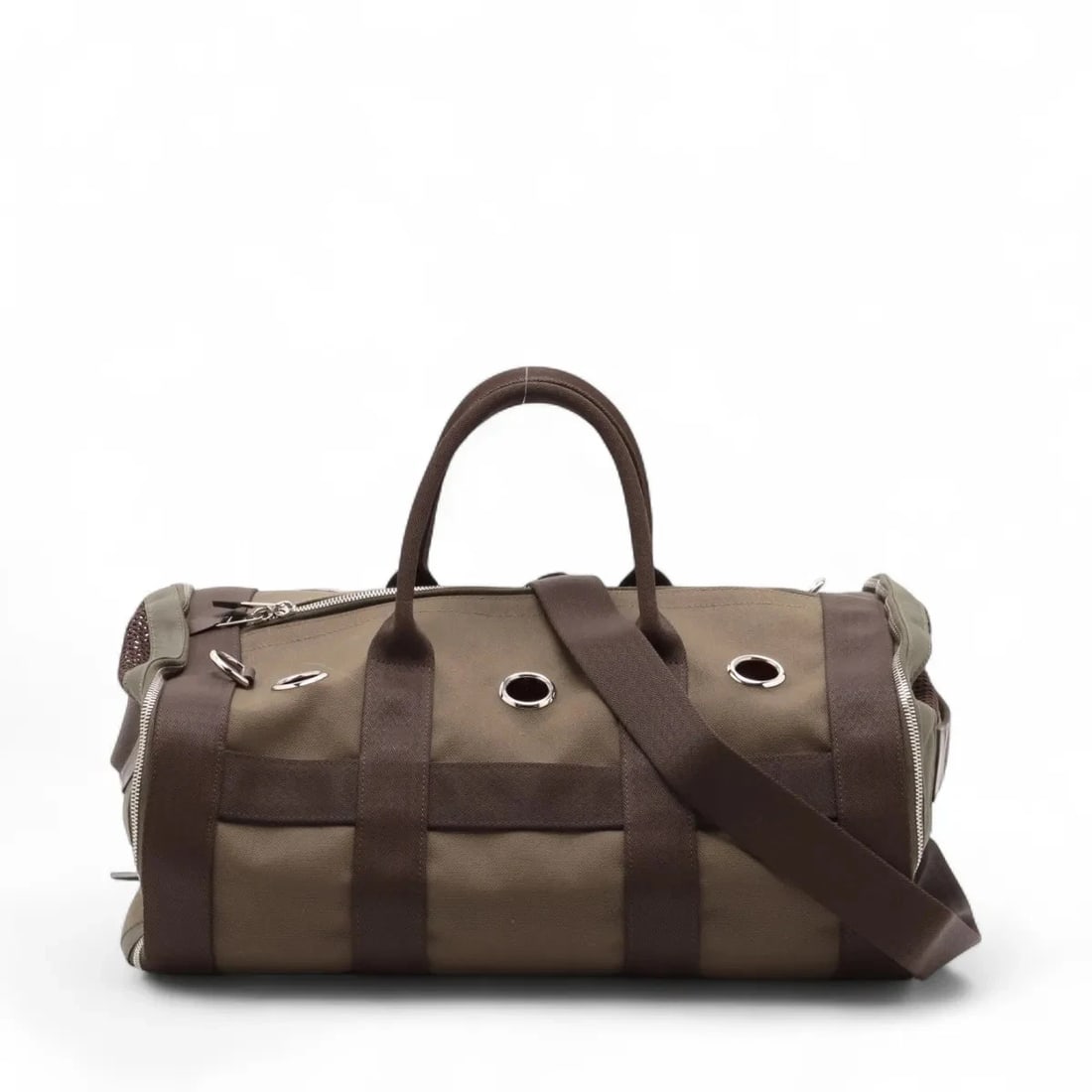 HERMES DOG CARRIER TOILE MILITAIRE KHAKI SILVER: Hermes dog carrier Toile militaire Khaki Silver Brand: Hermes Type/Style: Shoulder bag Material: Toile militaire Color: Green Size: Height:9.4inchLength:17.7inchDepth:10.8inch Accessories: None