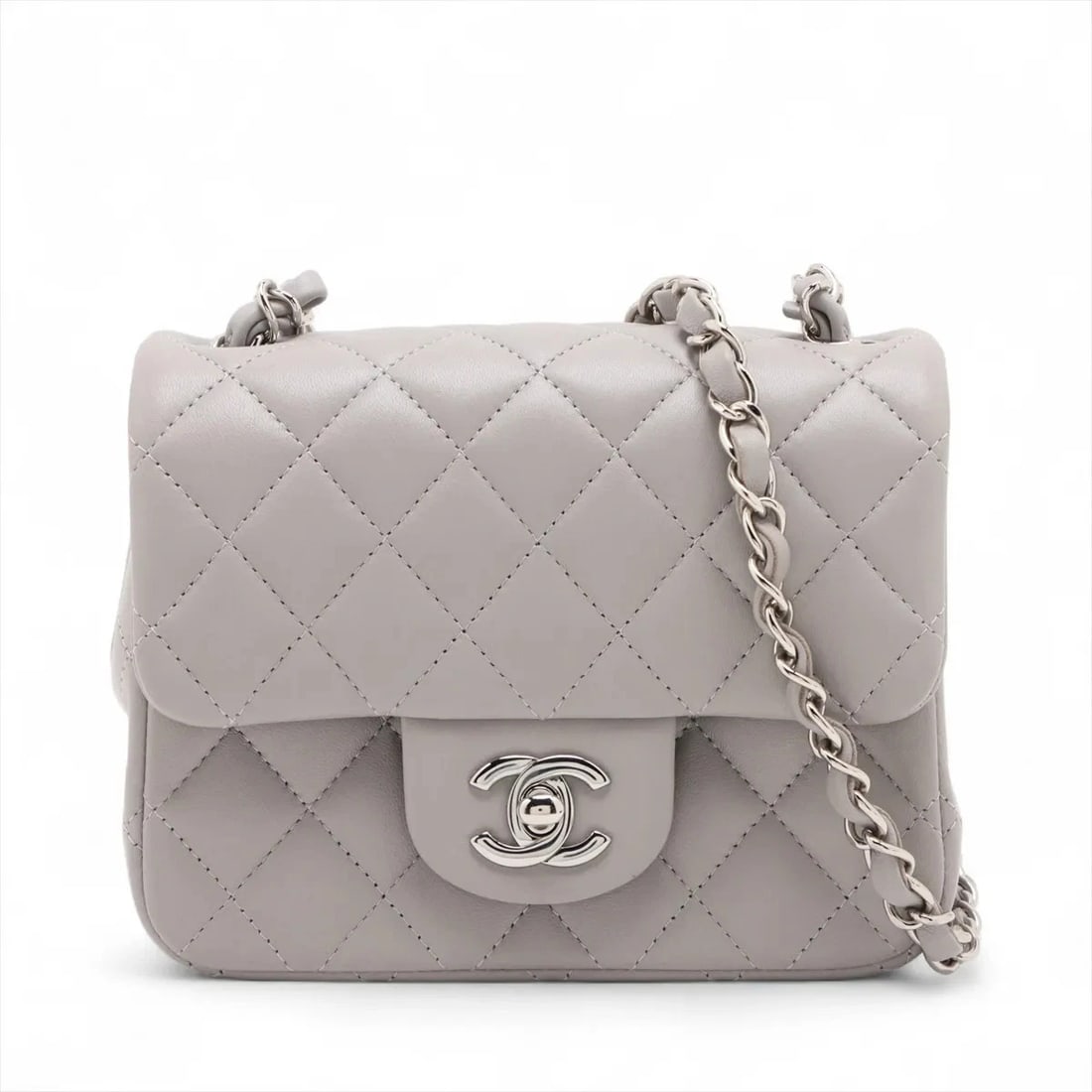 CHANEL MINIMATRASSE 17 LAMBSKIN SINGLE FLAP SINGLE CHAIN BAG: Chanel Minimatrasse 17 Lambskin Single Flap Single Chain Bag Brand: Chanel Type/Style: Shoulder bag Material: Lambskin Color: Gray Size: Height:5.5inchLength:6.5inchDepth:2.8inch Accessories: None
