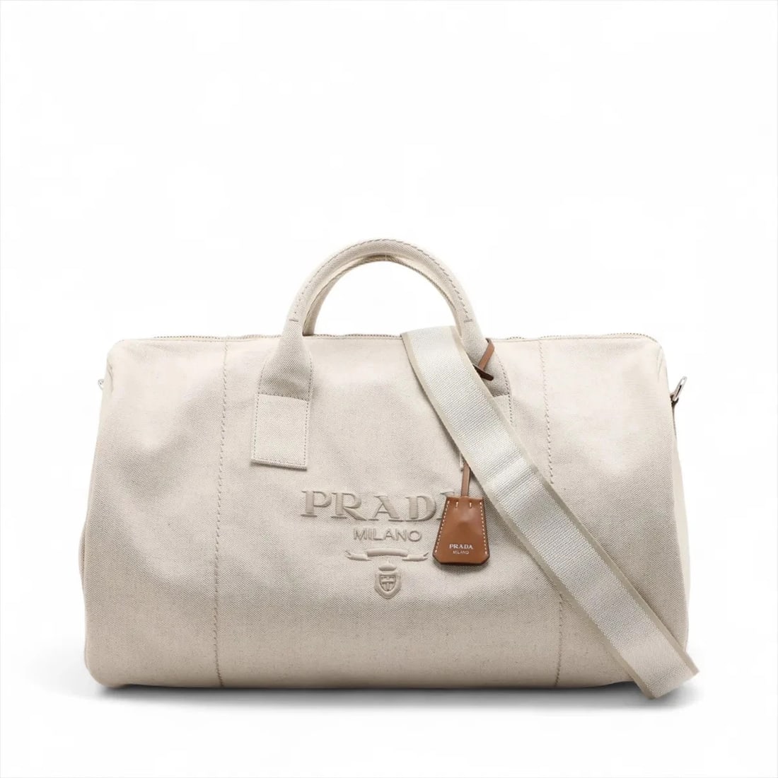 PRADA CANVAS 2WAY BOSTON BAG BEIGE: Prada canvas 2WAY BOSTON BAG Beige Brand: Prada Type/Style: Boston bag Material: canvas Color: Beige Size: Height:13.0inchLength:19.1inchDepth:12.6inch Accessories: None Accessories Notice