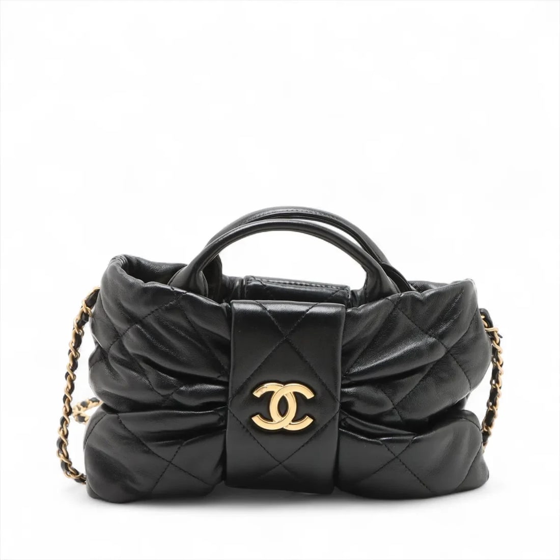 CHANEL COCO MARK LAMBSKIN 2 WAY HANDBAG BLACK: Chanel Coco Mark Lambskin 2 Way Handbag Black Brand: Chanel Type/Style: Hand bag Material: Lambskin Color: Black Size: Height:5.1inchLength:9.3inchDepth:1.8inch Accessories: None Accessori
