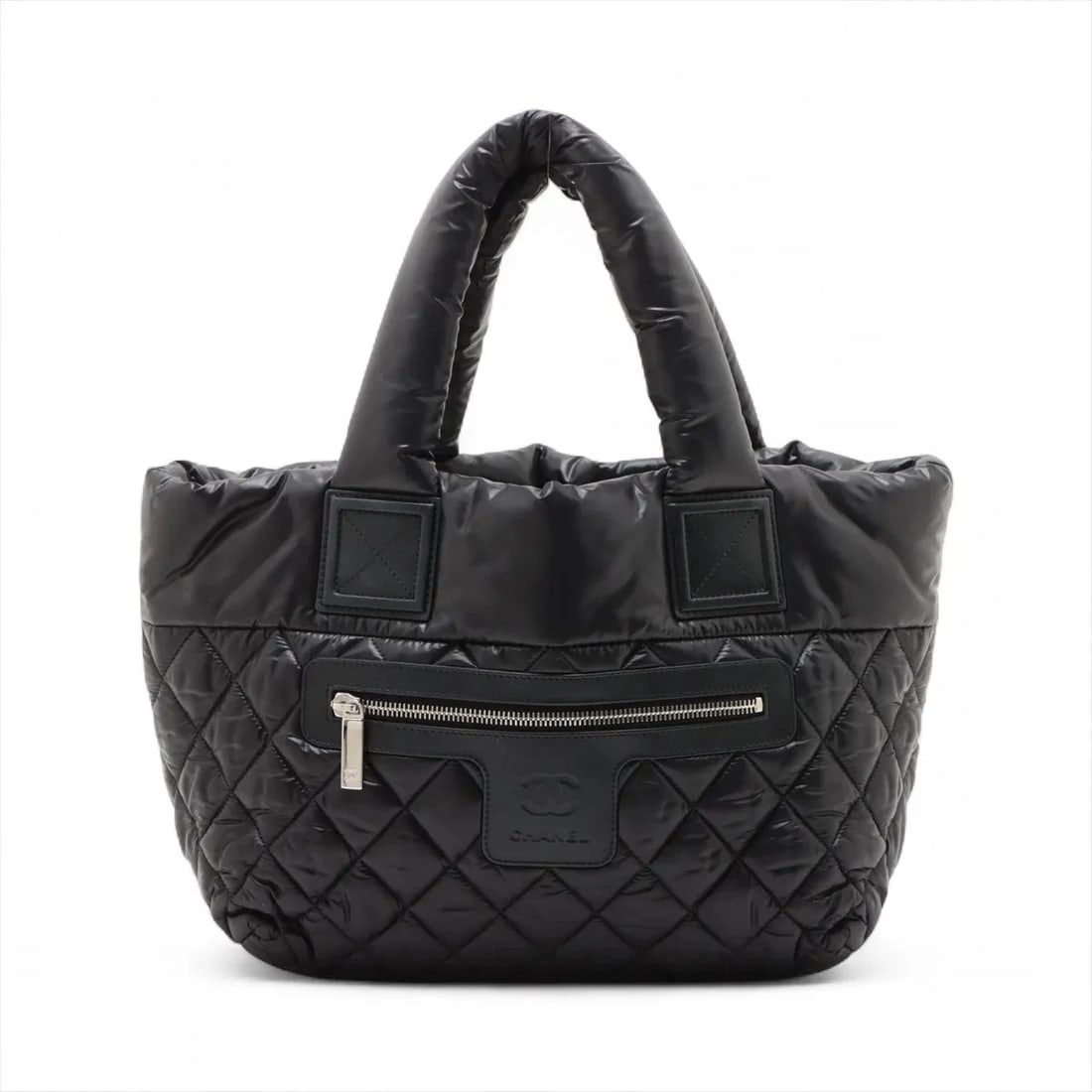 CHANEL COCO COCOON NYLON X LEATHER HAND BAG BLACK SILVER: Chanel Coco Cocoon nylon x leather Hand bag Black Silver Brand: Chanel Type/Style: Hand bag Material: Nylon & Leather Color: Black Size: Height:8.7inchLength:11.0inchDepth:5.7inch Accessories: Non