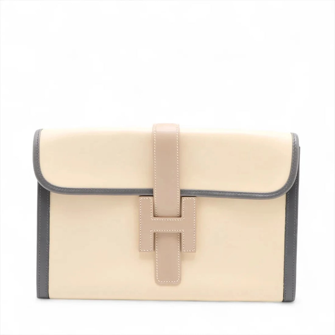 HERMES JIGE PM BOX CALF BEIGE X GRAY: Hermes Jige PM Box calf Beige x gray Brand: Hermes Type/Style: Clutch bag Material: Box calf Color: Beige x gray Size: Height:7.5inchLength:11.4inch Accessories: None Accessories Notice: W