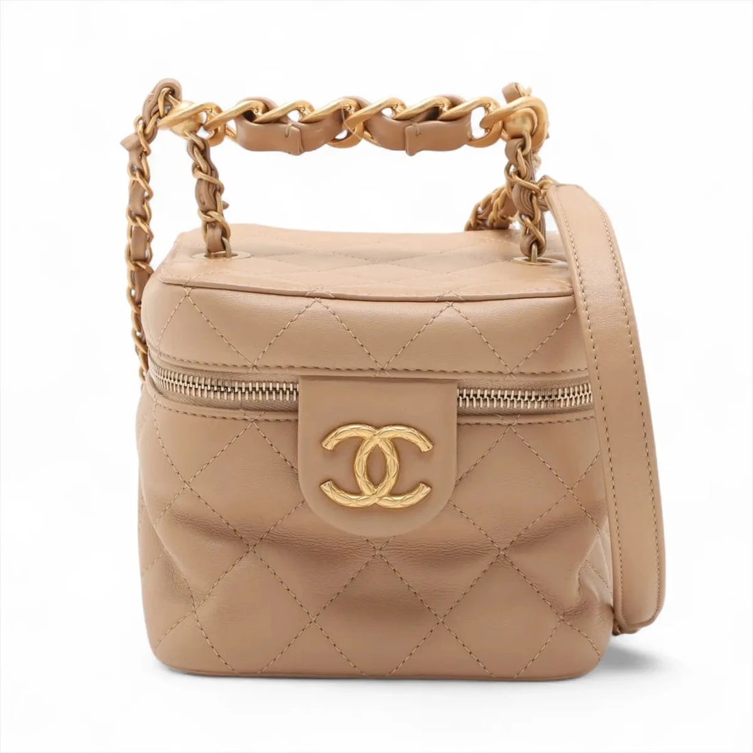 CHANEL MATELASSE LAMBSKIN CHAIN SHOULDER BAG: Chanel Matelasse Lambskin Chain Shoulder Bag Brand: Chanel Type/Style: Shoulder bag Material: Lambskin Color: Beige Size: Height:5.1inchLength:5.5inchDepth:5.5inch Accessories: None Access