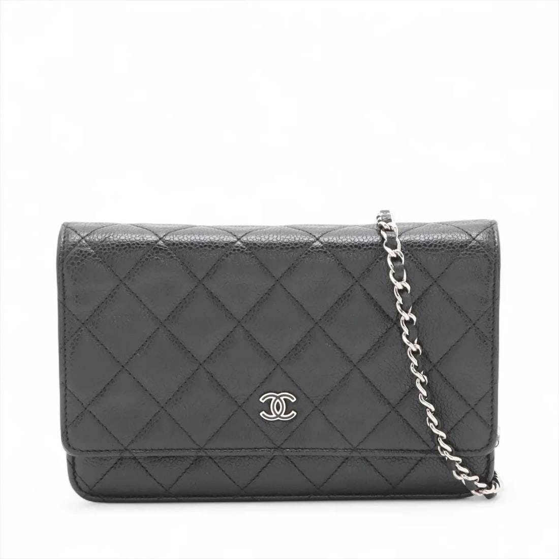 CHANEL MATELASSE CAVIAR SKIN CHAIN WALLET BLACK SILVER: Chanel Matelasse Caviar Skin Chain Wallet Black Silver Brand: Chanel Type/Style: Shoulder bag Material: Caviar Skin Color: Black Size: Height:4.9inchLength:7.5inchDepth:1.6inch Accessories: None <