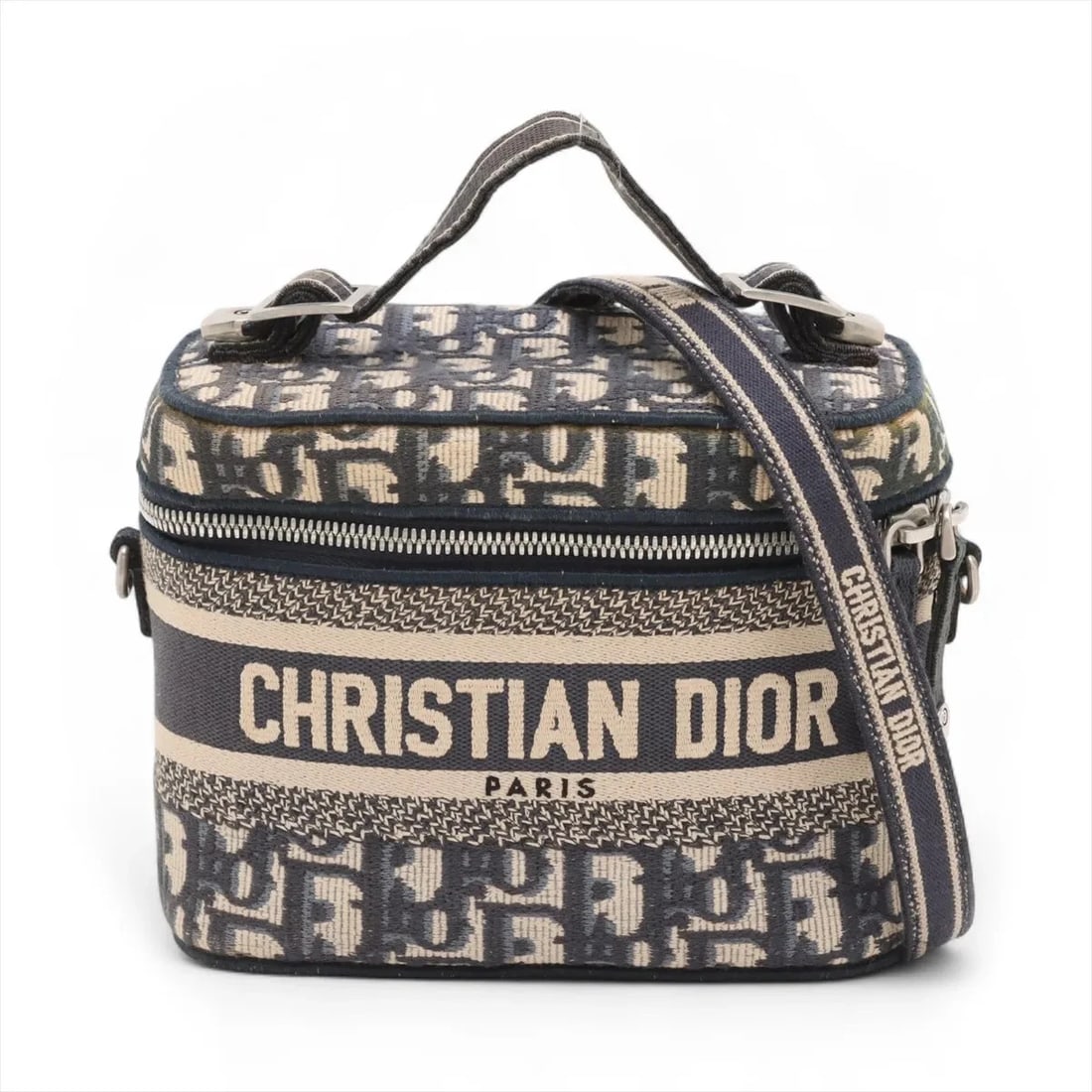 CHRISTIAN DIOR OBLIQUE CANVAS 2 WAY VANITY BAG NAVY X GREEN (1 of 6)