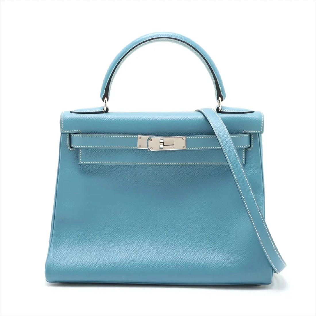 HERMES KELLY 28 LE TOURNAY CUSHBELL BLUE JEAN SILVER: Hermes Kelly 28 Le Tournay Cushbell Blue Jean Silver Brand: Hermes Type/Style: Hand bag Material: Cushbell Color: Blue Jean Size: Height:8.1inchLength:11.0inchDepth:4.5inch Accessories: None <