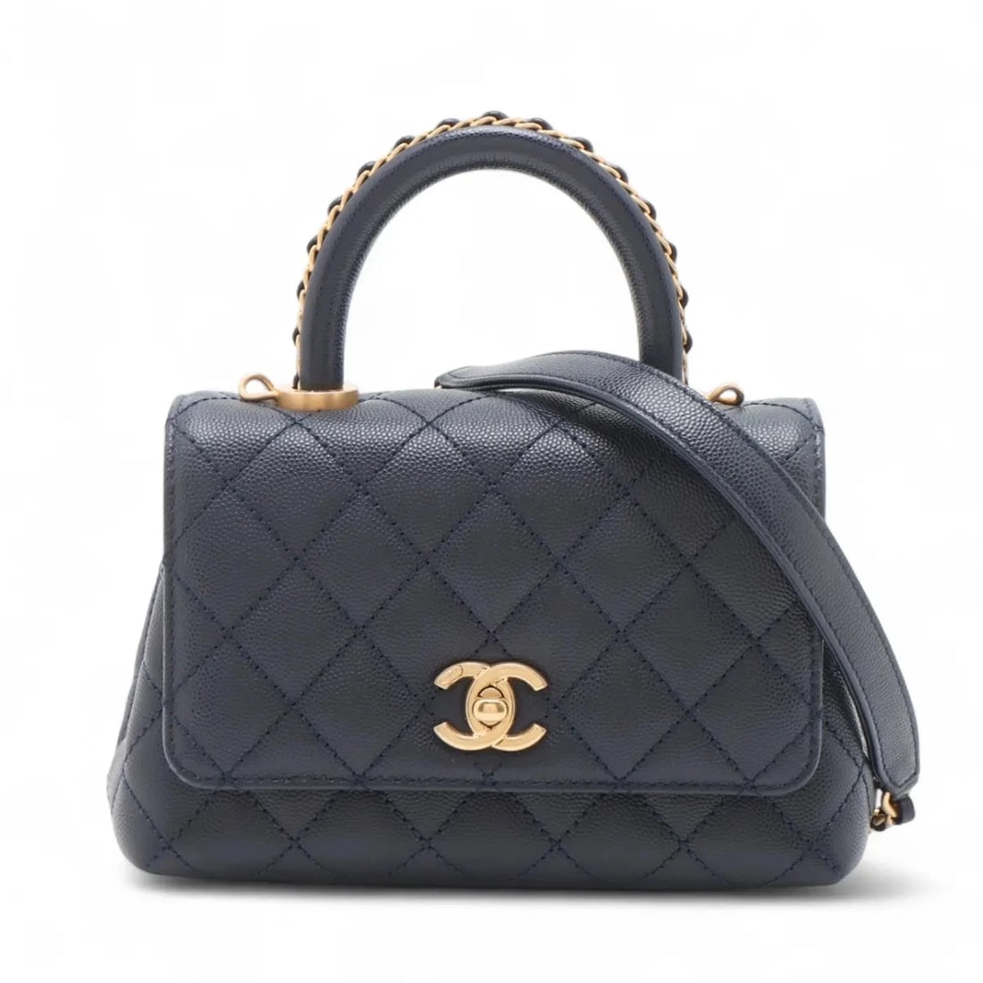 CHANEL COCO HANDLE CAVIAR SKIN 2 WAY HANDBAG NAVY BLUE: Chanel Coco handle Caviar Skin 2 Way Handbag Navy Blue Brand: Chanel Type/Style: Hand bag Material: Caviar Skin Color: Navy Blue Size: Height:4.7inchLength:7.1inchDepth:3.1inch Accessories: None <