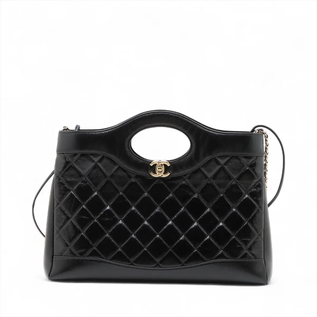 CHANEL CHANEL 31 SHINY CALFSKIN 2 WAY HANDBAG BLACK: Chanel Chanel 31 shiny calfskin 2 Way Handbag Black Brand: Chanel Type/Style: Hand bag Material: shiny calfskin Color: Black Size: Height:10.4inchLength:13.8inchDepth:3.1inch Accessories: None