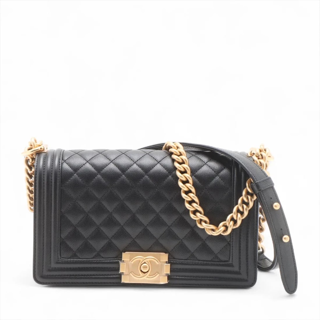CHANEL BOY CHANEL 25 GRAINED CALFSKIN CHAIN SHOULDER BAG: Chanel BOY CHANEL 25 Grained Calfskin Chain Shoulder Bag Brand: Chanel Type/Style: Shoulder bag Material: Caviar Skin Color: Black Size: Height:5.7inchLength:9.8inchDepth:3.1inch Accessories: None