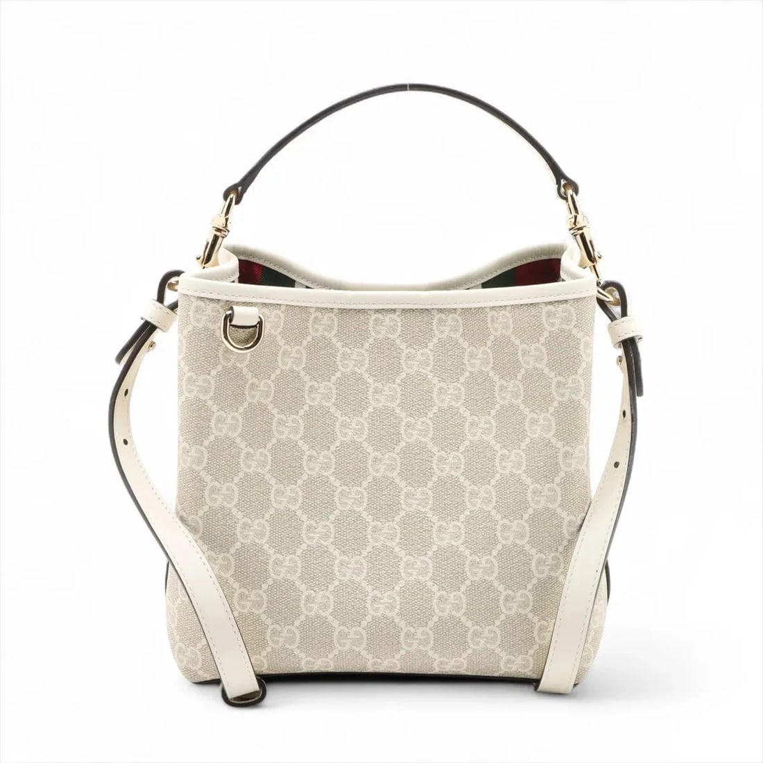 GUCCI SMALL BUCKET PVC & LEATHER 2 WAY SHOULDER BAG: Gucci SMALL BUCKET PVC & leather 2 Way Shoulder Bag Brand: Gucci Type/Style: Shoulder bag Material: PVC & leather Color: Beige Size: Height:7.7inchLength:7.1inchDepth:4.1inch Accessories: None