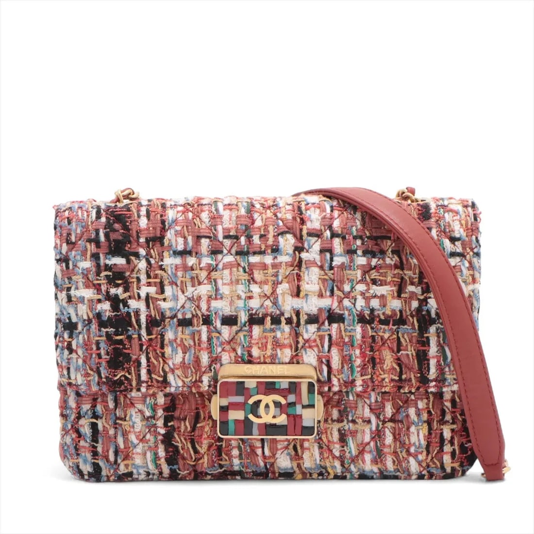 CHANEL MATELASSE TWEED X LEATHER CHAIN BAG MULTICOLOR: Chanel Matelasse Tweed x Leather Chain Bag Multicolor Brand: Chanel Type/Style: Shoulder bag Material: Tweed x Leather Color: Multicolor Size: Height:5.3inchLength:8.3inchDepth:1.0inch Accessories