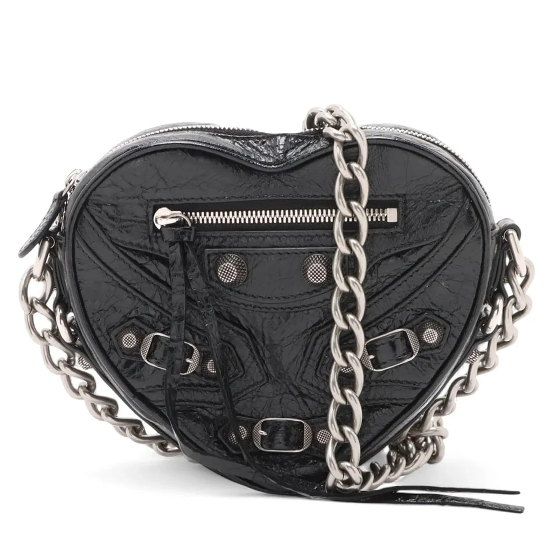 BALENCIAGA LUKAGOR HEARTS LEATHER CHAIN SHOULDER BAG: Balenciaga Lukagor hearts Leather Chain Shoulder Bag Brand: Balenciaga Type/Style: Shoulder bag Material: Leather Color: Black Size: Height:5.3inchLength:5.9inchDepth:1.6inch Accessories: None