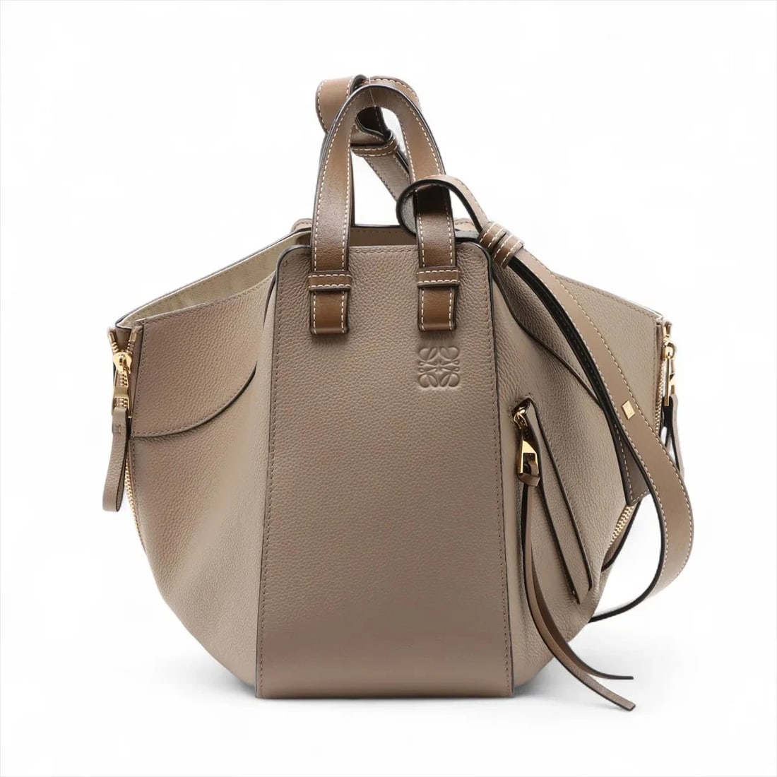 LOEWE HAMMOCK SMALL LEATHER 2 WAY SHOULDER BAG: Loewe Hammock Small Leather 2 Way Shoulder Bag Brand: Loewe Type/Style: Shoulder bag Material: Leather Color: Greige x brown Size: Height:9.6inchLength:5.5inchDepth:10.0inch Accessories: None