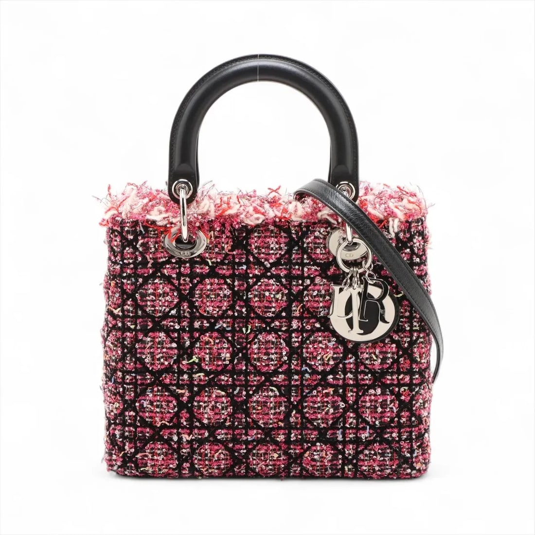 CHRISTIAN DIOR LADY DIOR CANNAGE TWEED X LEATHER 2 WAY HANDBAG: Christian Dior Lady Dior Cannage tweed x leather 2 Way Handbag Brand: Christian Dior Type/Style: Hand bag Material: Tweed x Leather Color: Red x pink Size: Height:7.9inchLength:9.4inchDepth:4.5inch