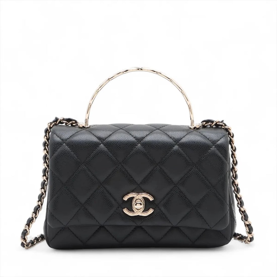 CHANEL MATELASSE CAVIAR SKIN 2 WAY HANDBAG BLACK GOLD: Chanel Matelasse Caviar Skin 2 Way Handbag Black Gold Brand: Chanel Type/Style: Shoulder bag Material: Caviar Skin Color: Black Size: Height:4.5inchLength:7.1inchDepth:2.4inch Accessories: None