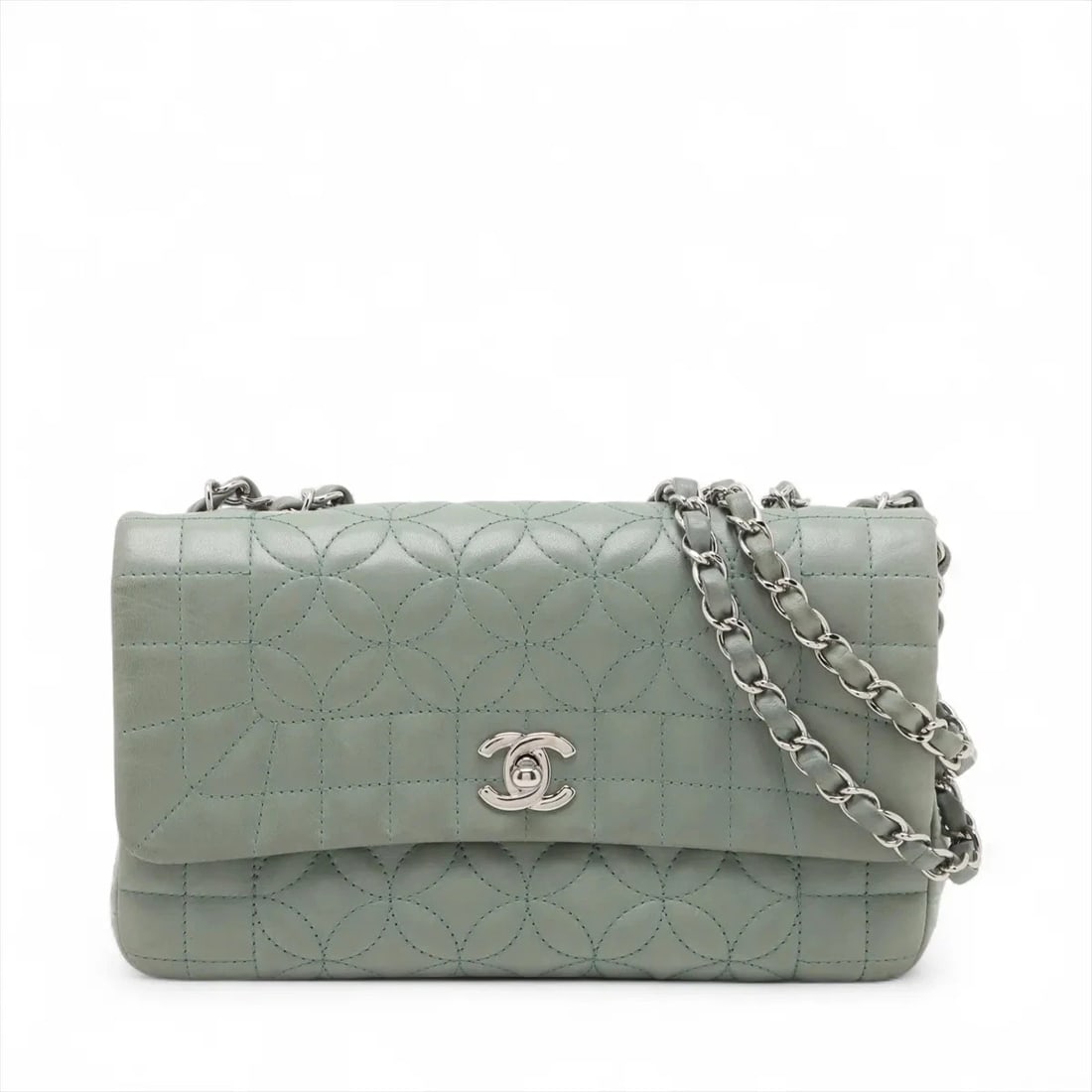 CHANEL COCO MARK LAMBSKIN SINGLE FLAP DOUBLE CHAIN BAG: Chanel Coco Mark Lambskin Single Flap Double Chain Bag Brand: Chanel Type/Style: Shoulder bag Material: Lambskin Color: Green Size: Height:5.3inchLength:9.4inchDepth:2.4inch Accessories: None