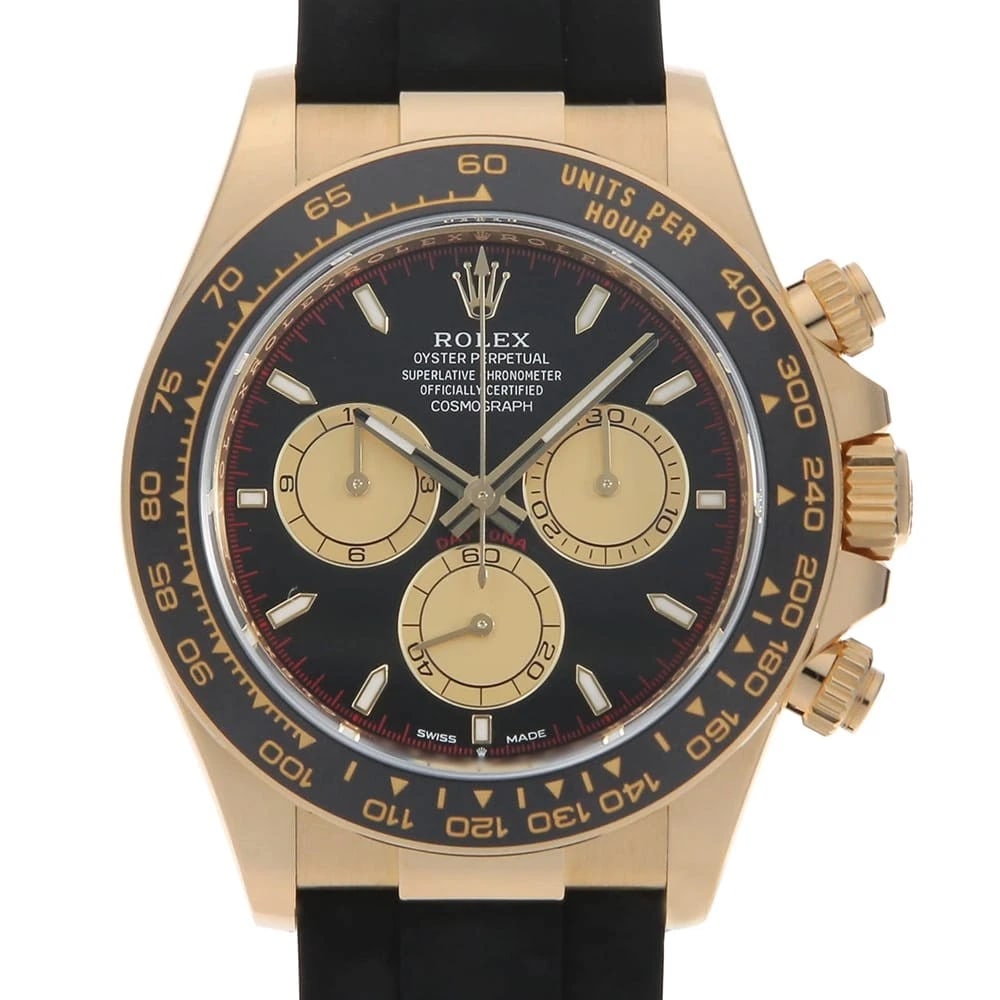 ROLEX COSMOGRAPH DAYTONA BLACK X GOLD WATCH: ROLEX Cosmograph Daytona Black x Gold Watch Brand: ROLEX Type/Style: Wrist watch Material: Band Material rubber, Case Material Yellow Gold Color: Dial Color Black and Gold Size: Case:W40mm