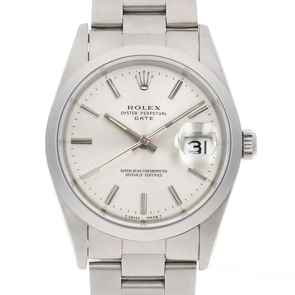 ROLEX OYSTER PERPETUAL DATE SILVER WATCH: ROLEX Oyster Perpetual Date Silver Watch Brand: ROLEX Type/Style: Wrist watch Material: Band Material Stainless Steel, Case Material Stainless Steel Color: Dial Color Silver Size: Case:W34mm Circumfer