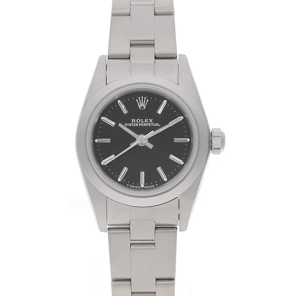 ROLEX OYSTER PERPETUAL BLACK WATCH: ROLEX Oyster perpetual black Watch Brand: ROLEX Type/Style: Wrist watch Material: Band Material Stainless Steel, Case Material Stainless Steel Color: Dial Color Black Size: Case:W23.5mm Circumference