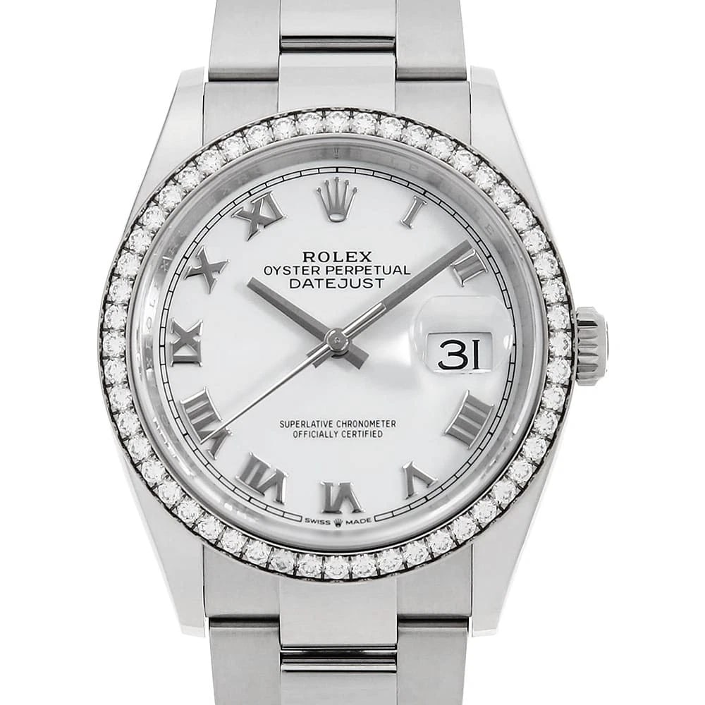 ROLEX DATEJUST BEZEL DIAMOND WHITE ROMAN OYSTER WATCH: ROLEX Datejust Bezel Diamond white Roman oyster Watch Brand: ROLEX Type/Style: Wrist watch Material: Band Material Stainless Steel, Case Material Stainless Steel Color: Dial Color White Size: Case:W36