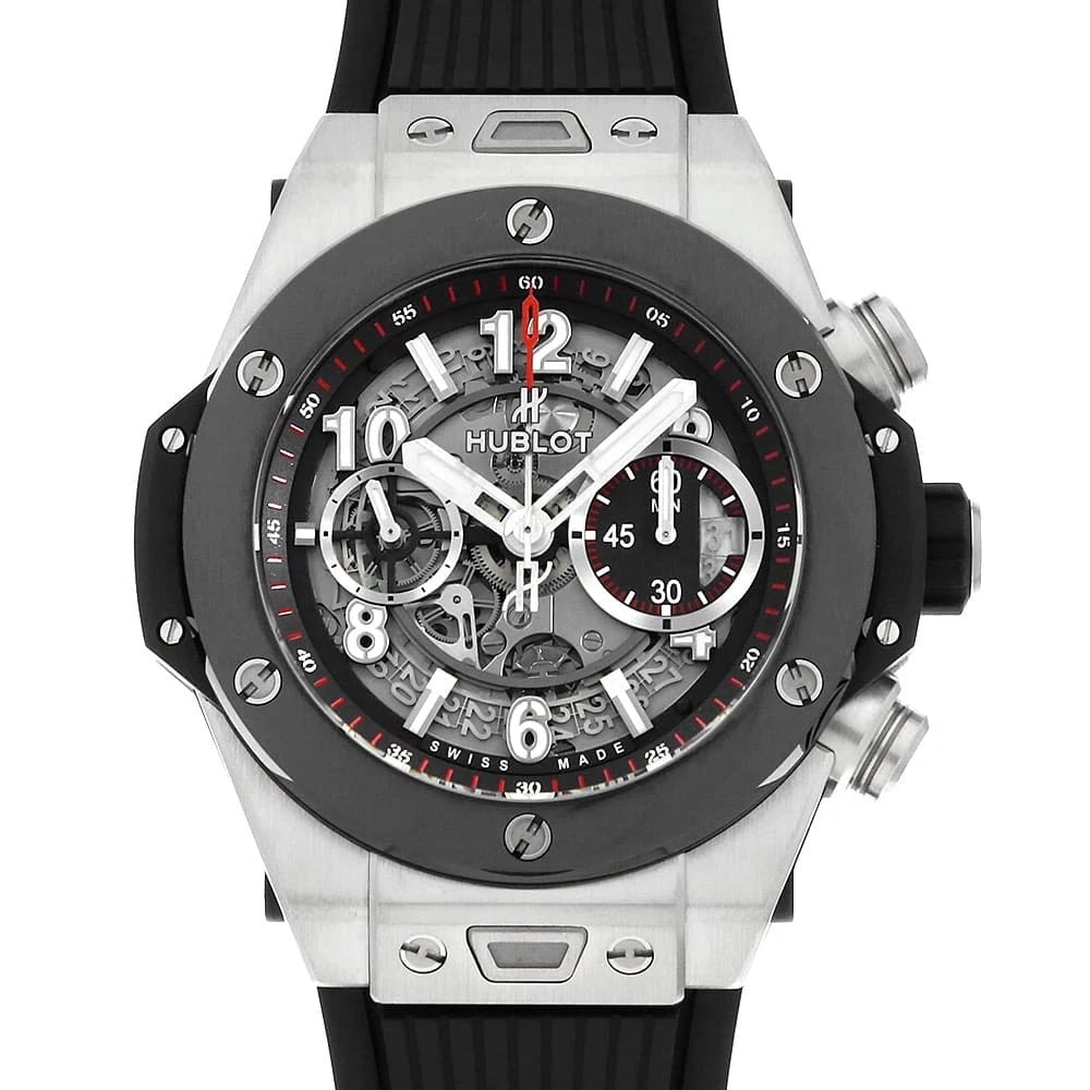 HUBLOT BIG BANG UNICO TITANIUM CERAMIC WATCH: HUBLOT Big Bang Unico Titanium Ceramic Watch Brand: HUBLOT Type/Style: Wrist watch Material: Band Material rubber, Case Material Titanium Color: Dial Color Skeleton Size: Case:W45mm Accessories: None