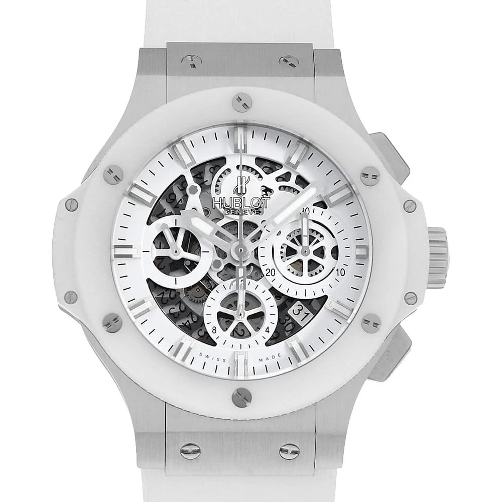 HUBLOT AEROBAN WHITE WATCH: HUBLOT Aeroban White Watch Brand: HUBLOT Type/Style: Wrist watch Material: Band Material rubber, Case Material Stainless Steel Color: Dial Color Skeleton Size: Case:W44mm Accessories: None
