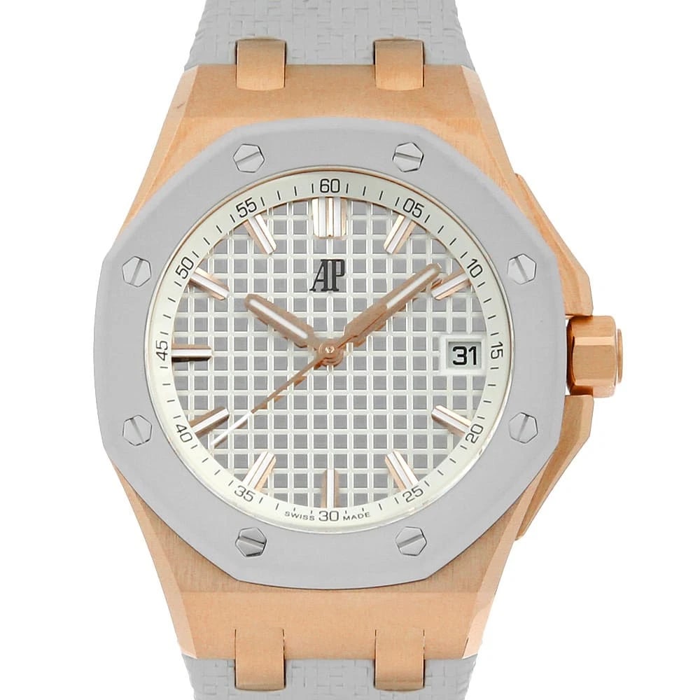 AUDEMARS PIGUET ROYAL OAK OFFSHORE AUTOMATIC WATCH: AUDEMARS PIGUET Royal Oak Offshore Automatic Watch Brand: AUDEMARS PIGUET Type/Style: Wrist watch Material: Band Material rubber, Case Material Pink Gold Color: Dial Color Silver Size: Case:W37mm