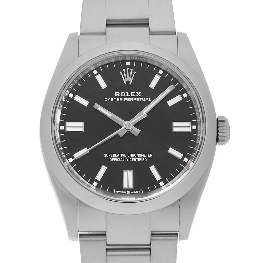 ROLEX OYSTER PERPETUAL BLACK WATCH: ROLEX Oyster Perpetual black Watch Brand: ROLEX Type/Style: Wrist watch Material: Band Material Stainless Steel, Case Material Stainless Steel Color: Dial Color Black Size: Case:W36mm Circumference