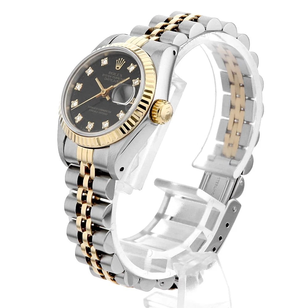 ROLEX DATEJUST DIAMOND BLACK WATCH: ROLEX Datejust Diamond black Watch Brand: ROLEX Type/Style: Wrist watch Material: Band Material Stainless Steel/Yellow Gold, Case Material Stainless Steel/Yellow Gold Color: Dial Color Black Size: Cas