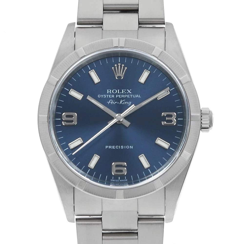 ROLEX AIR KING BLUE WHITE WATCH: ROLEX Air king blue white Watch Brand: ROLEX Type/Style: Wrist watch Material: Band Material Stainless Steel, Case Material Stainless Steel Color: Dial Color Blue Size: Case:W34mm Circumference of Wri