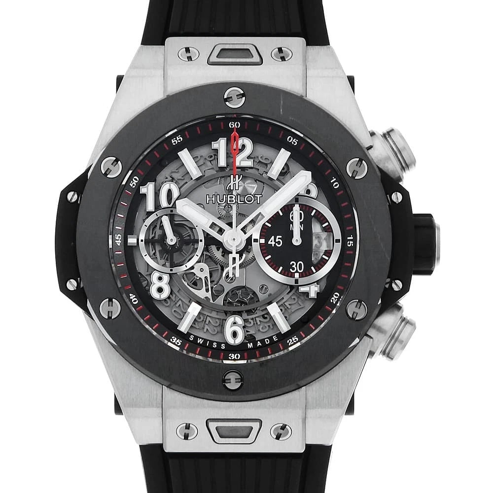 HUBLOT BIG BANG UNICO TITANIUM CERAMIC WATCH: HUBLOT Big Bang Unico Titanium Ceramic Watch Brand: HUBLOT Type/Style: Wrist watch Material: Band Material rubber, Case Material Titanium Color: Dial Color Skeleton Size: Case:W45mm Accessories: N