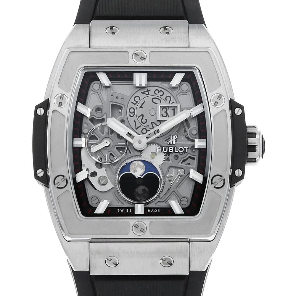 HUBLOT SPIRIT OF BIG BANG WATCH: HUBLOT Spirit of Big Bang Watch Brand: HUBLOT Type/Style: Wrist watch Material: Band Material rubber, Case Material Titanium Color: Dial Color Skeleton Size: Case:W47.5mm x H42mm Accessories: None
