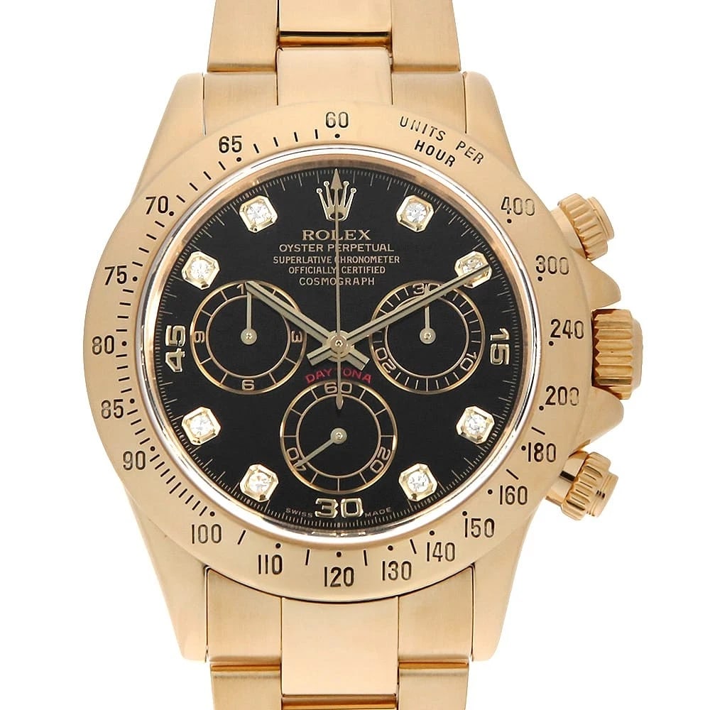 ROLEX COSMOGRAPH DAYTONA DIAMOND BLACK WATCH: ROLEX Cosmograph Daytona diamond black Watch Brand: ROLEX Type/Style: Wrist watch Material: Band Material Yellow Gold, Case Material Yellow Gold Color: Dial Color Black Size: Case:W40mm Circumference 