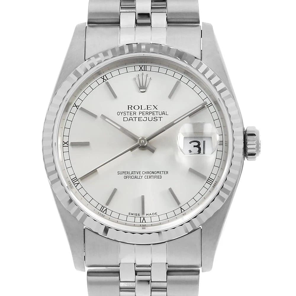 ROLEX DATEJUST SILVER WATCH: ROLEX Datejust Silver Watch Brand: ROLEX Type/Style: Wrist watch Material: Band Material Stainless Steel, Case Material Stainless Steel/White gold Color: Dial Color Silver Size: Case:W36mm