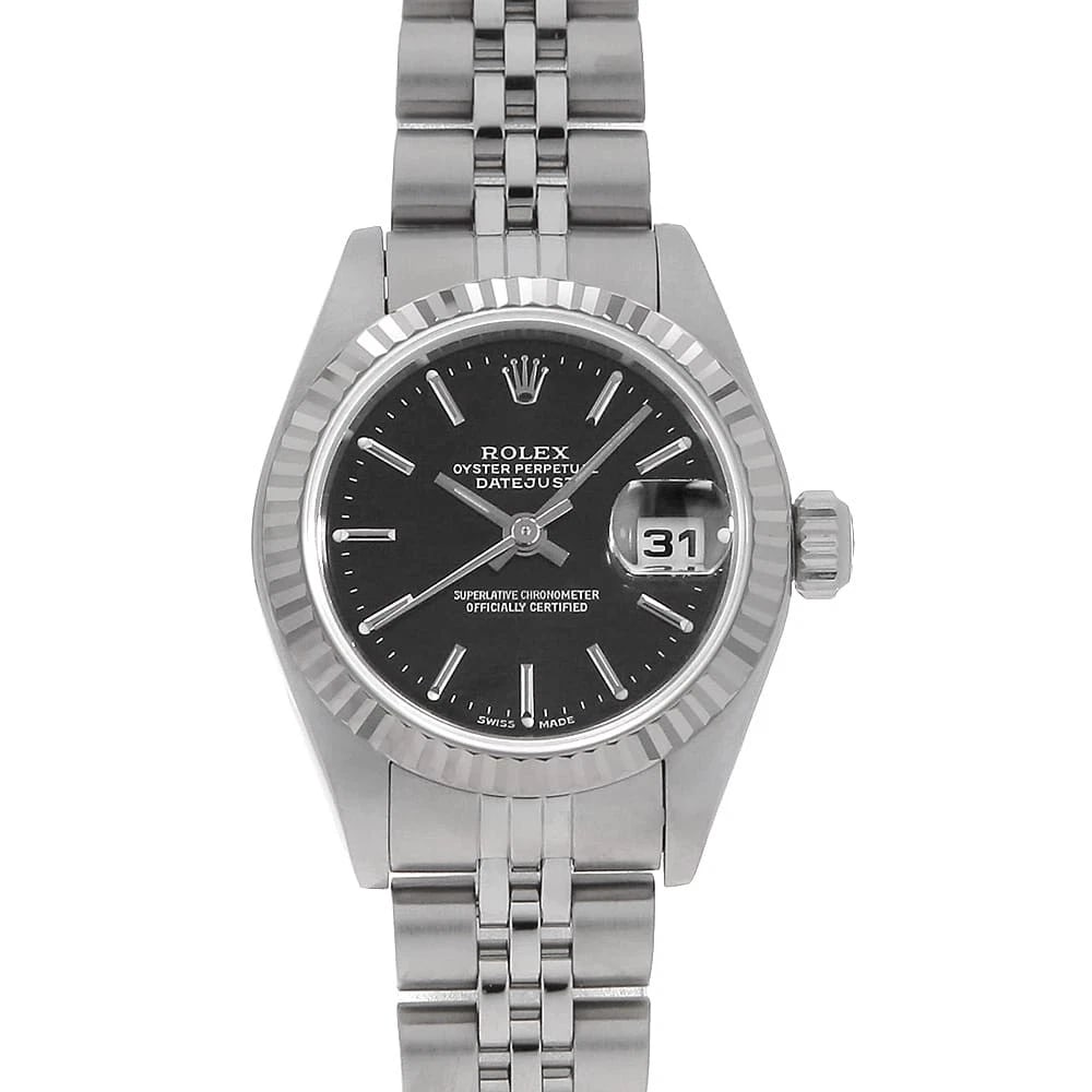 ROLEX DATEJUST BLACK WATCH: ROLEX Datejust black Watch Brand: ROLEX Type/Style: Wrist watch Material: Band Material Stainless Steel, Case Material Stainless Steel/White gold Color: Dial Color Black Size: Case:W26mm Circumference