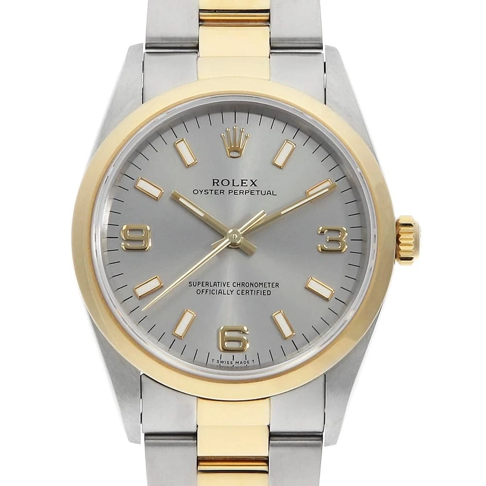 ROLEX OYSTER PERPETUAL GRAY WHITE TRITIUM WATCH: ROLEX Oyster perpetual gray White Tritium Watch Brand: ROLEX Type/Style: Wrist watch Material: Band Material Stainless Steel, Case Material Stainless Steel/Yellow Gold Color: Dial Color Gray Size: Cas
