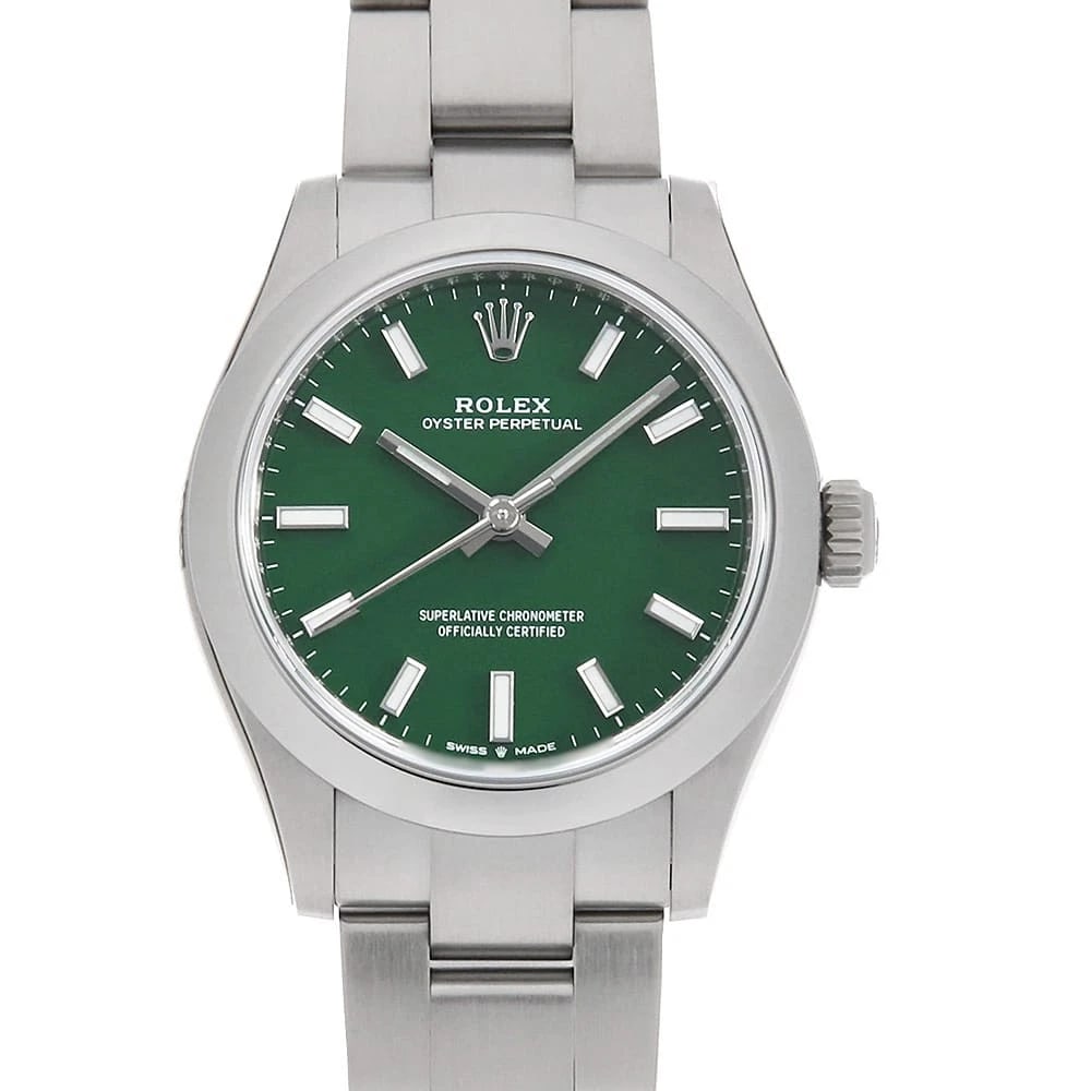 ROLEX OYSTER PERPETUAL GREEN WATCH: ROLEX Oyster Perpetual green Watch Brand: ROLEX Type/Style: Wrist watch Material: Band Material Stainless Steel, Case Material Stainless Steel Color: Dial Color Green Size: Case:W31mm Circumference of
